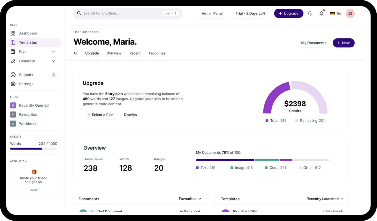 WonderAI Dashboard Mockup